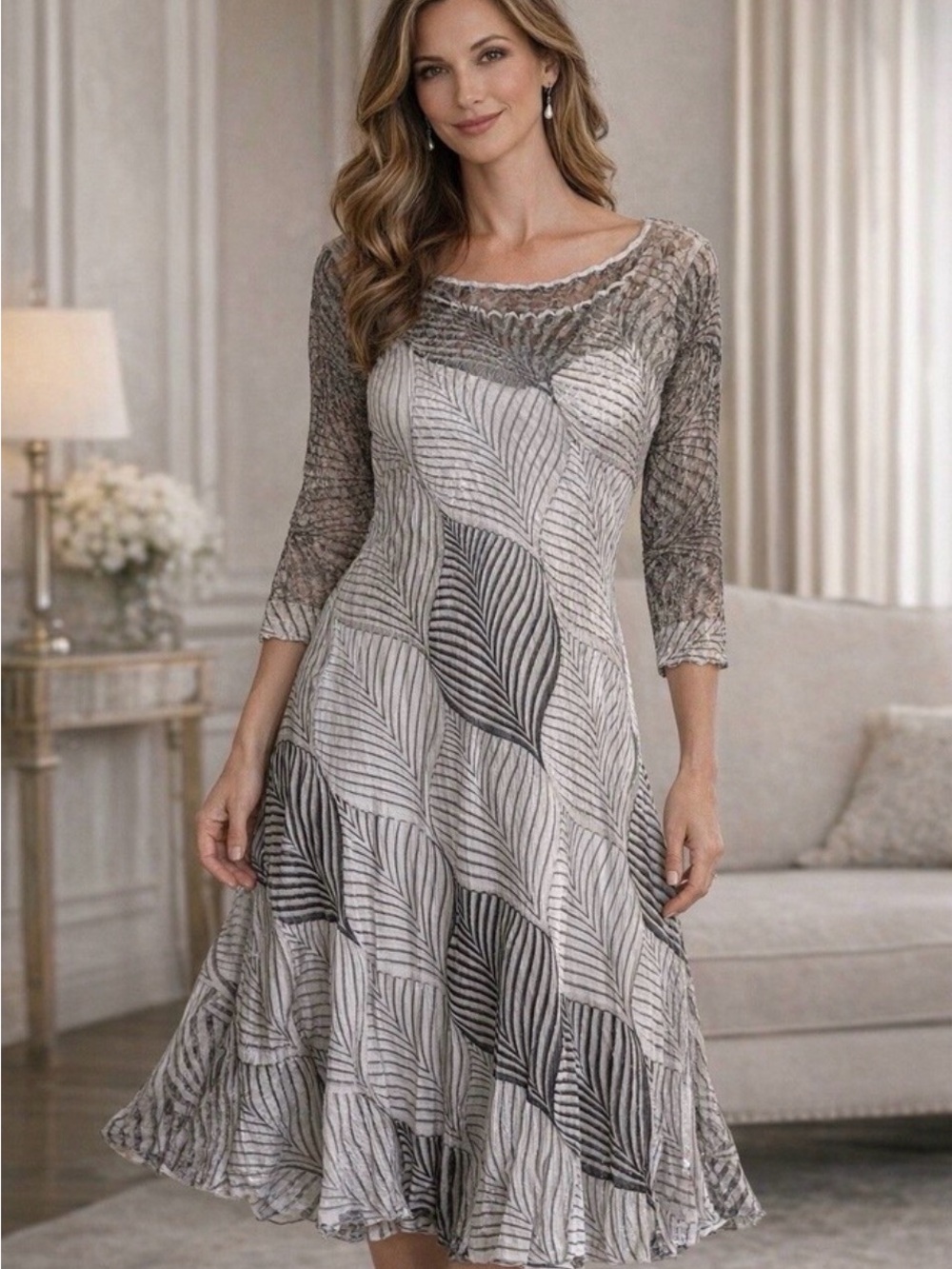 Komarov Neutral Leaf-Print Long Sleeve Swing Dress